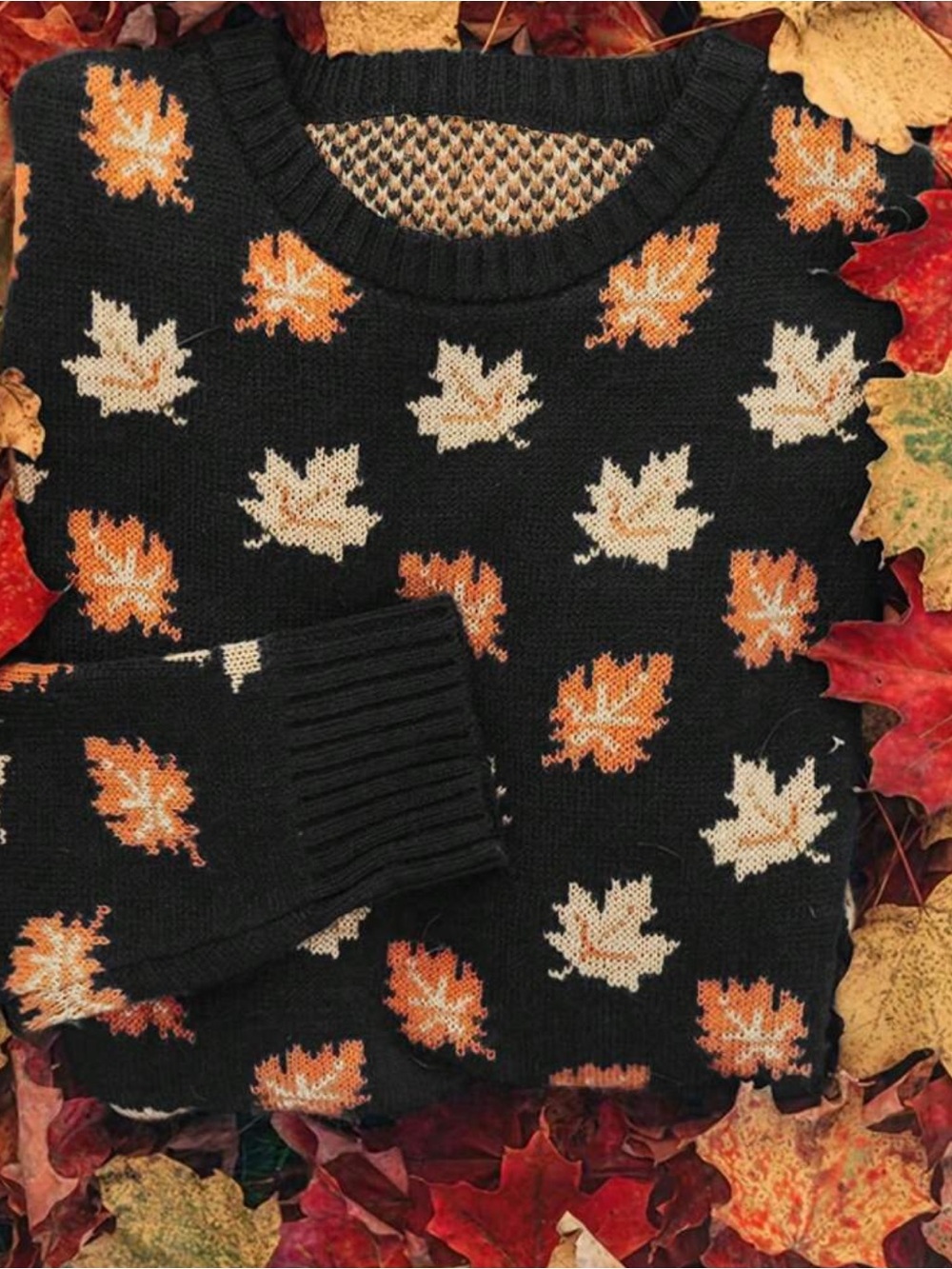 SOFT 🍂 Black Sweater with Autumn Leaf Pattern